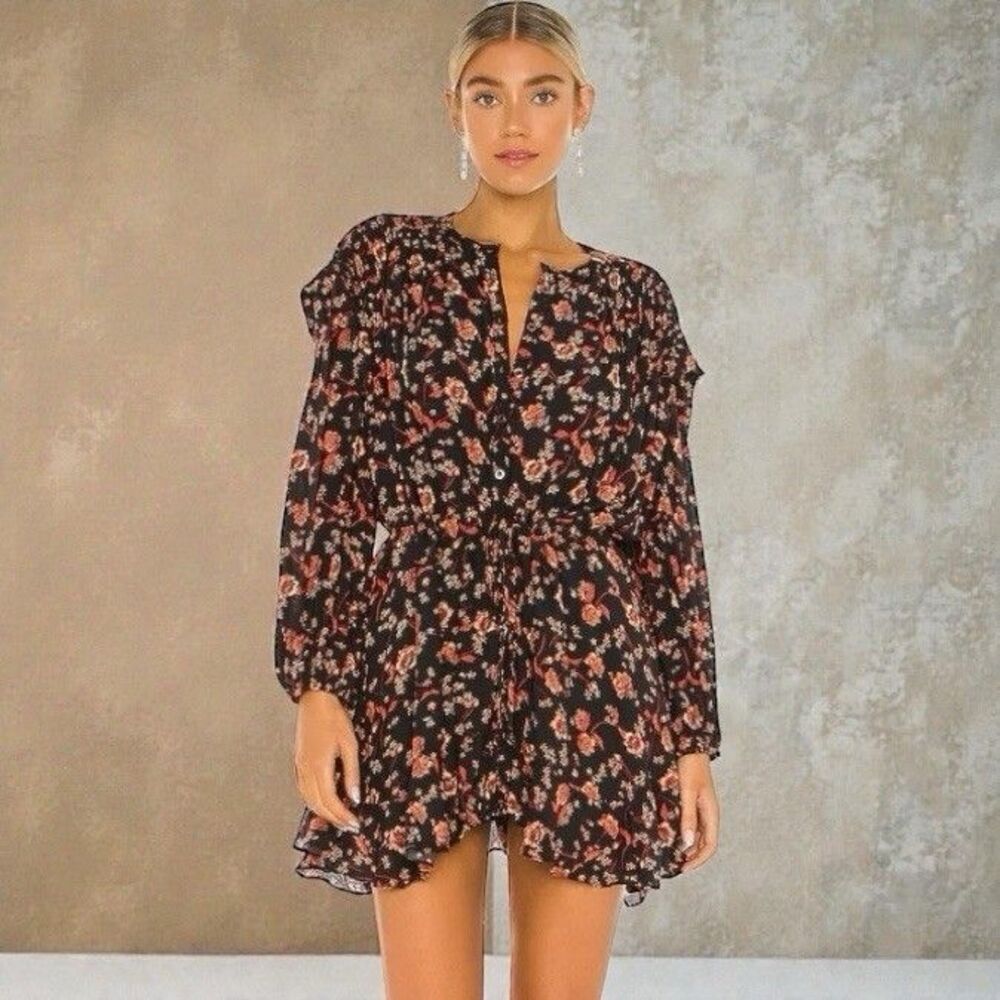 Free People Flower Fields Button Down Pleated Drawstring Waist Dress Black NWT